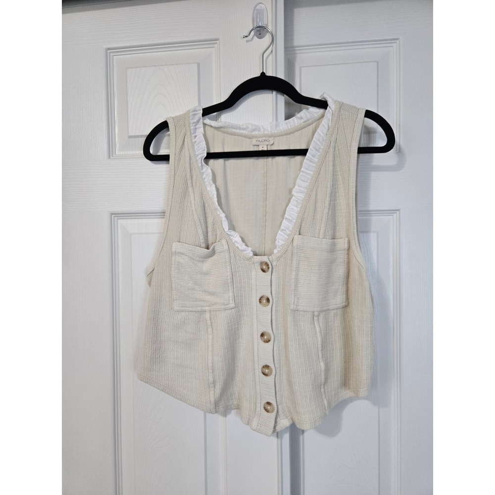 Pilcro Anthropologie Cream Ruffle Trim Button Front Gauze Vest Top Womens Medium